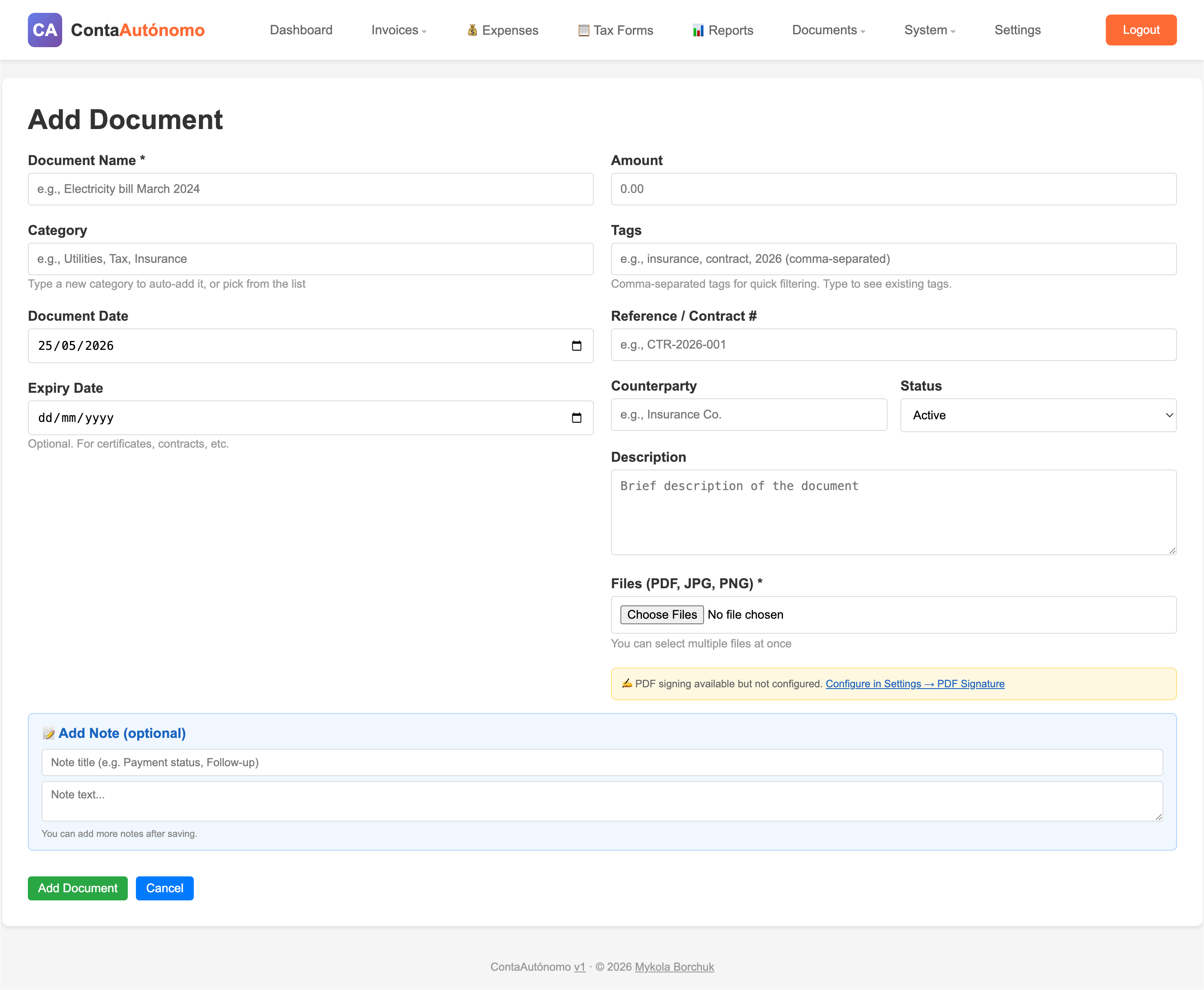 Documents module showing uploaded files, folders, type filters and download or preview actions