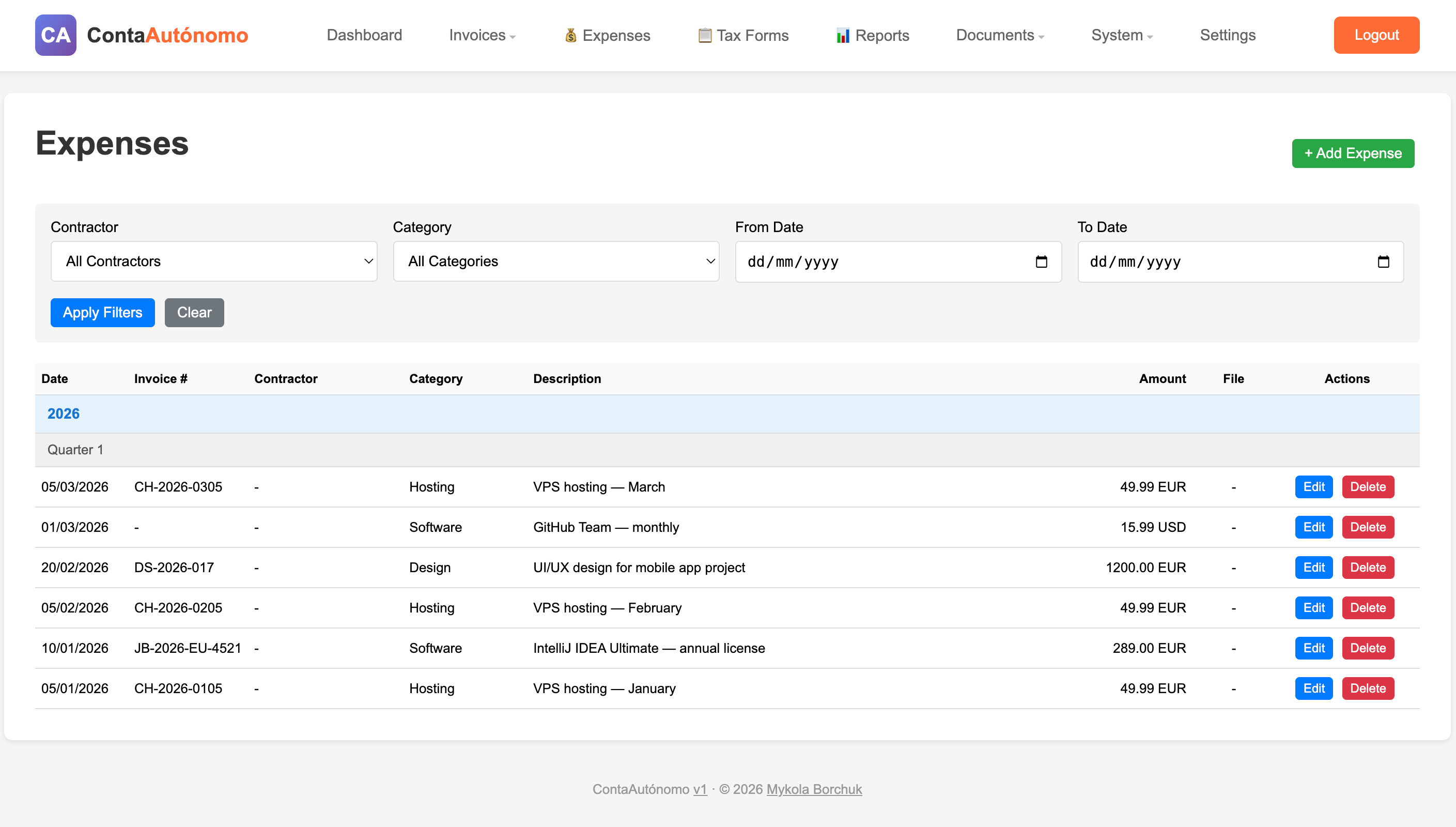 Expenses list with categories, amounts, currencies, contractor links and attached receipt thumbnails