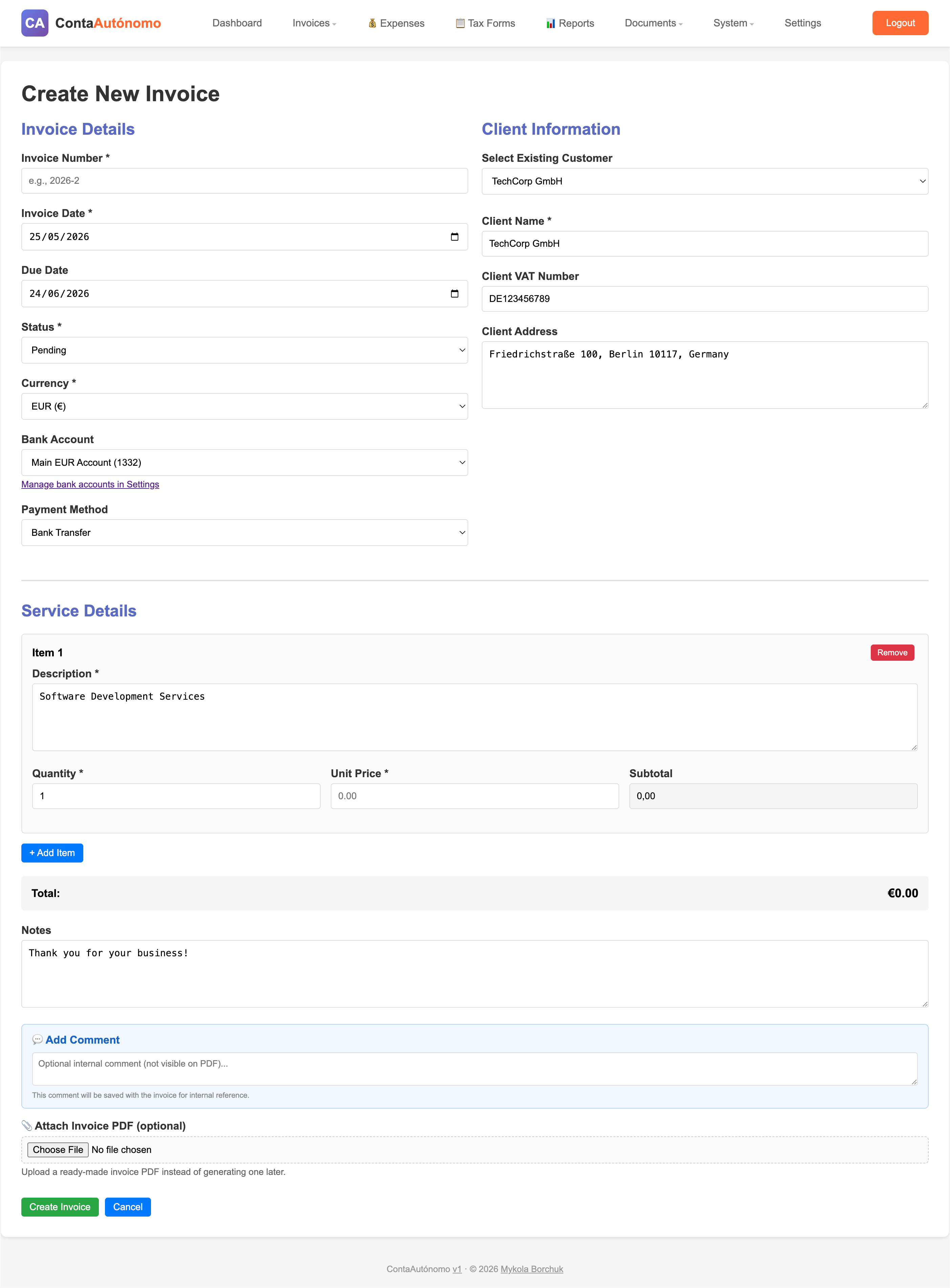 Invoice creation form with client picker, line items, currency selector, IVA and IRPF fields