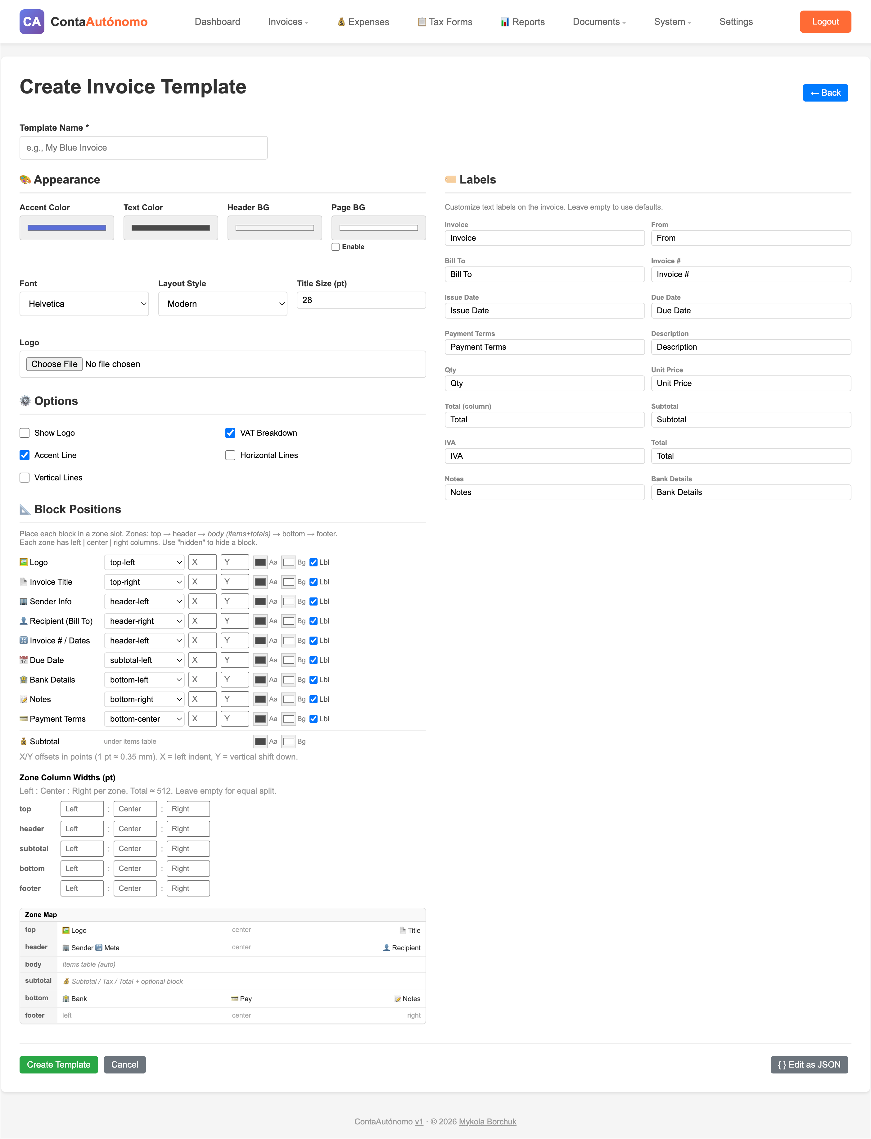 Invoice designer with drag and drop fields, layout canvas, font controls and live PDF preview