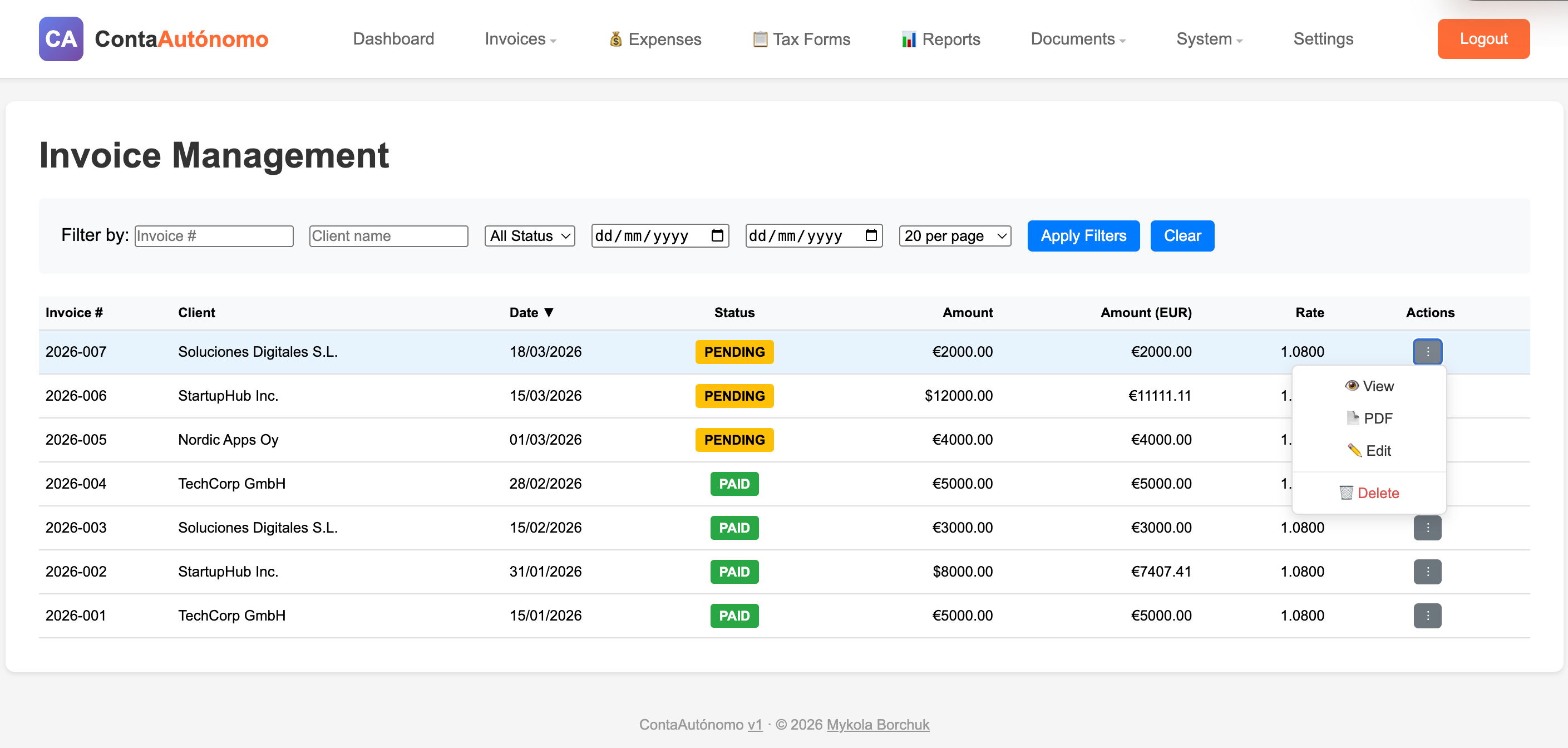 Invoice list page showing invoices with number, client, amount, currency and paid or pending status badges