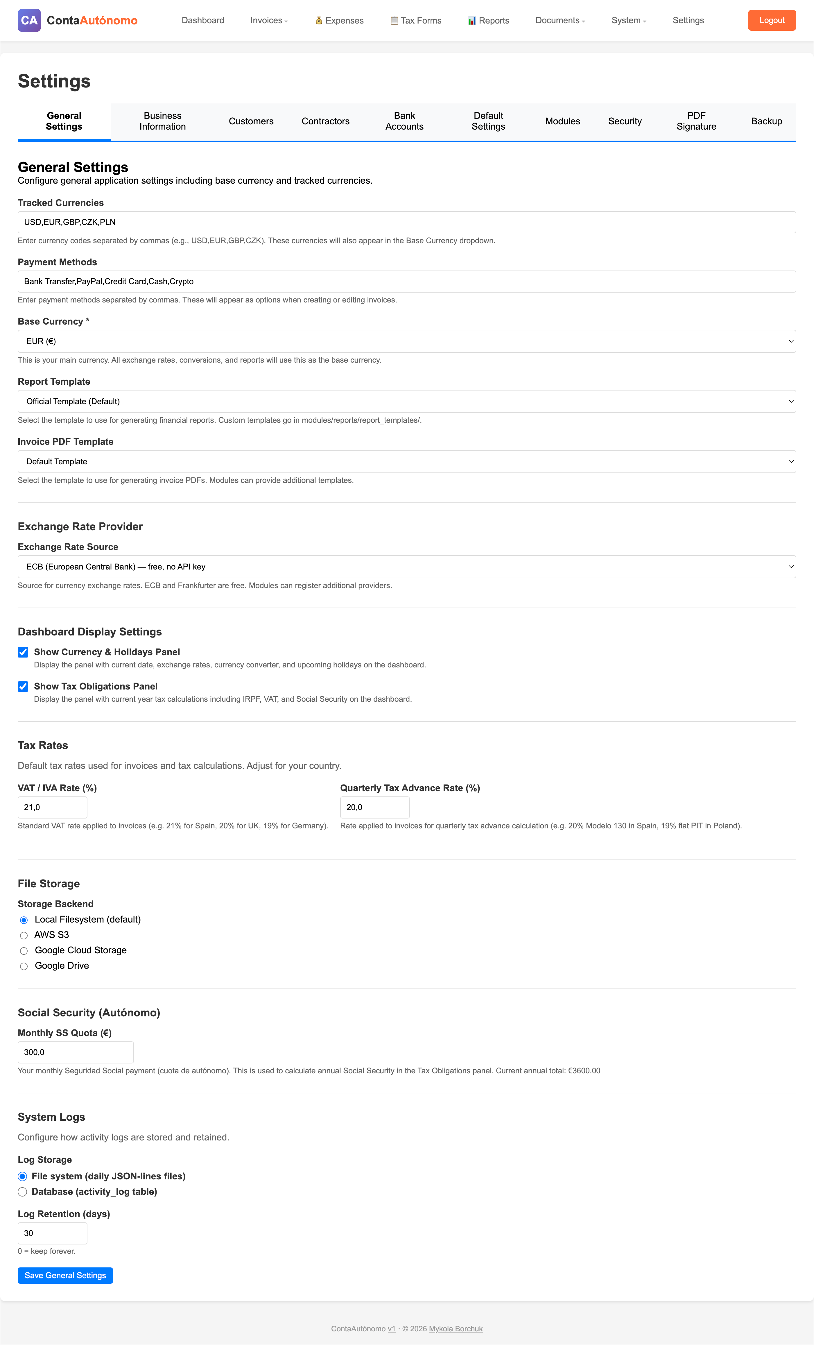 Settings page with company profile, tax defaults, modules toggle list and storage backend options